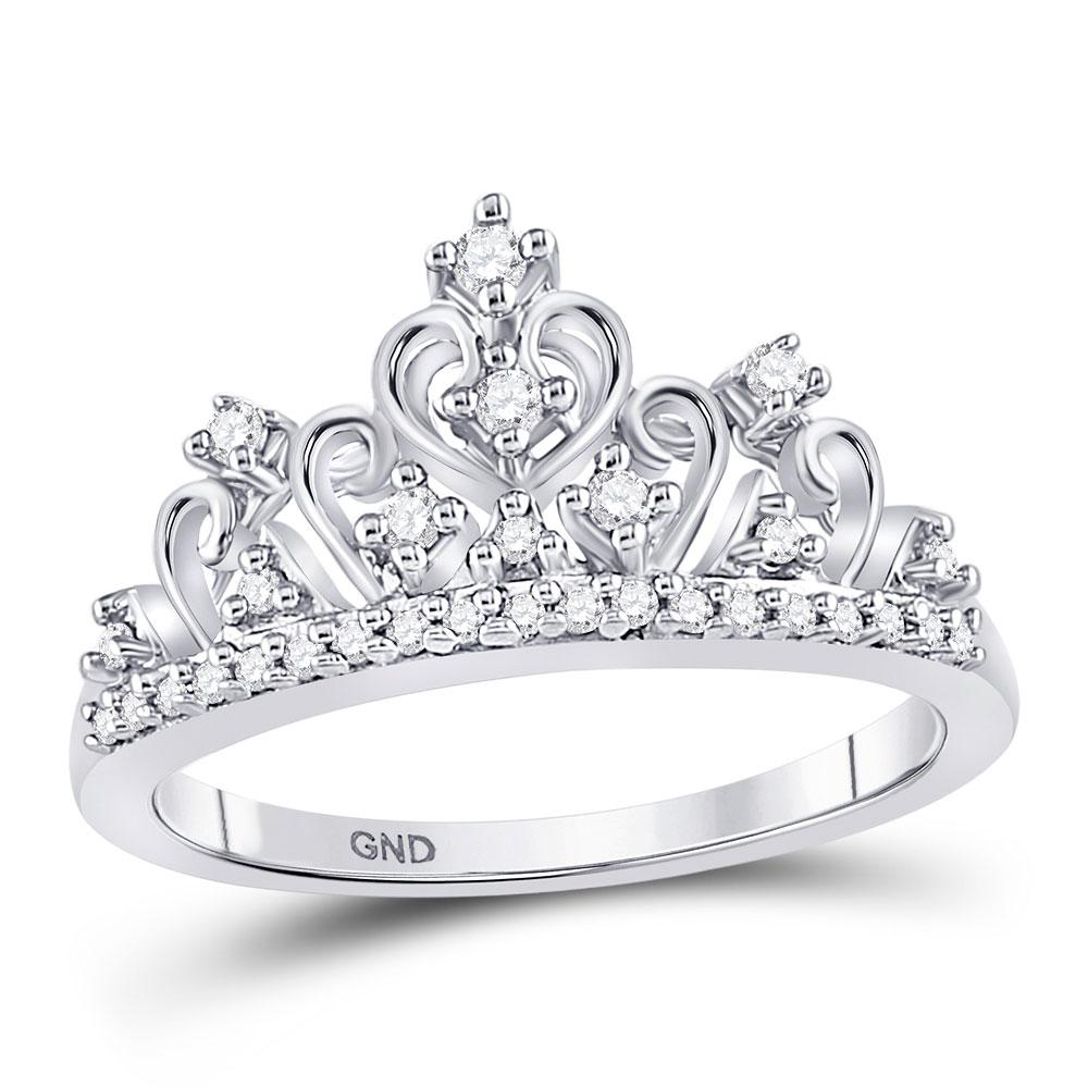 GND Diamond Fashion Ring 10k White Gold Round Diamond Womens Womens Crown Tiara Cocktail Band 1/5 Cttw
