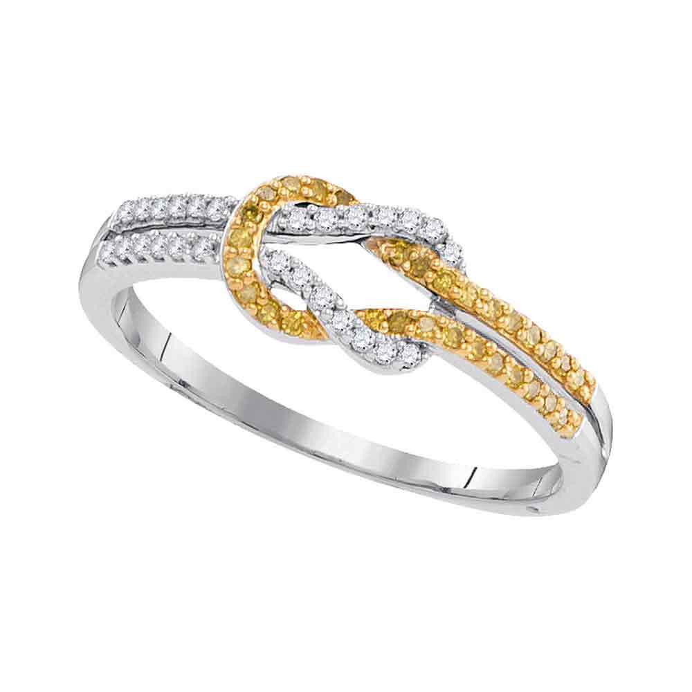 GND Diamond Fashion Ring 10k White Gold Womens Round Yellow Color Enhanced Diamond Knot Lasso Band Ring
