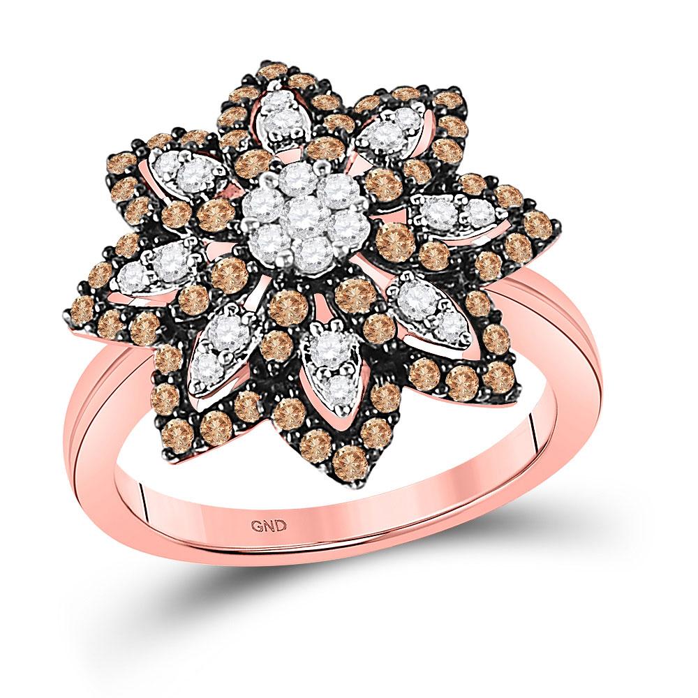 GND Diamond Fashion Ring 10kt Rose Gold Womens Round Brown Diamond Flower Cluster Ring 1 Cttw
