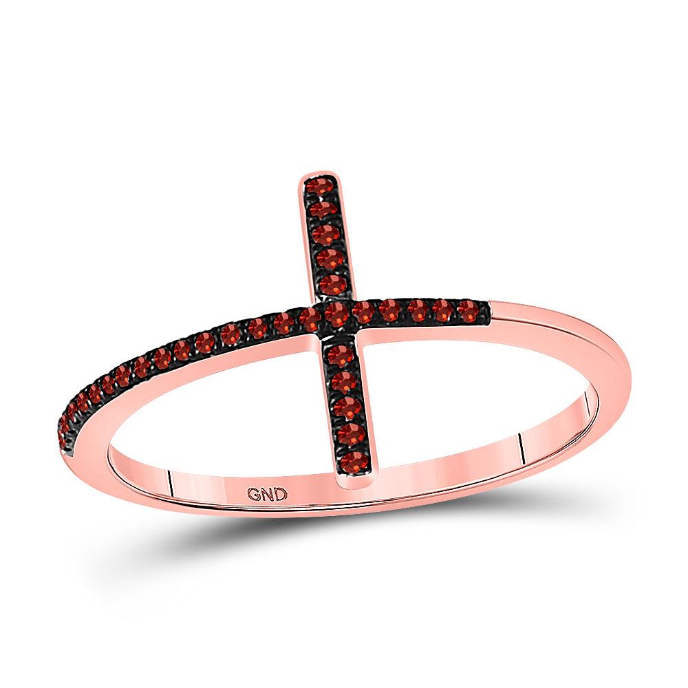 GND Diamond Fashion Ring 10kt Rose Gold Womens Round Red Color Enhanced Diamond Cross Religious Band Ring 1/10 Cttw