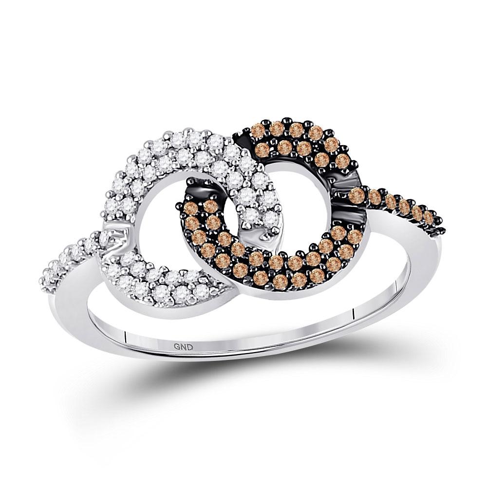 GND Diamond Fashion Ring 10kt White Gold Womens Round Brown Diamond Linked Circles Ring 1/3 Cttw