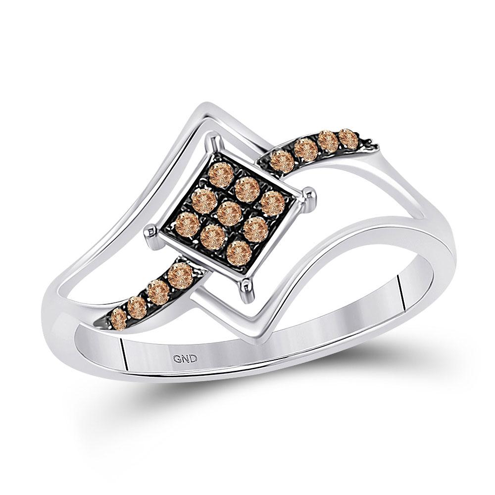 GND Diamond Fashion Ring 10kt White Gold Womens Round Brown Diamond Square Cluster Ring 1/6 Cttw