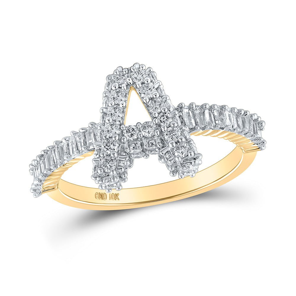 GND Diamond Fashion Ring 10kt Yellow Gold Womens Baguette Diamond Initial A Letter Ring 1 Cttw