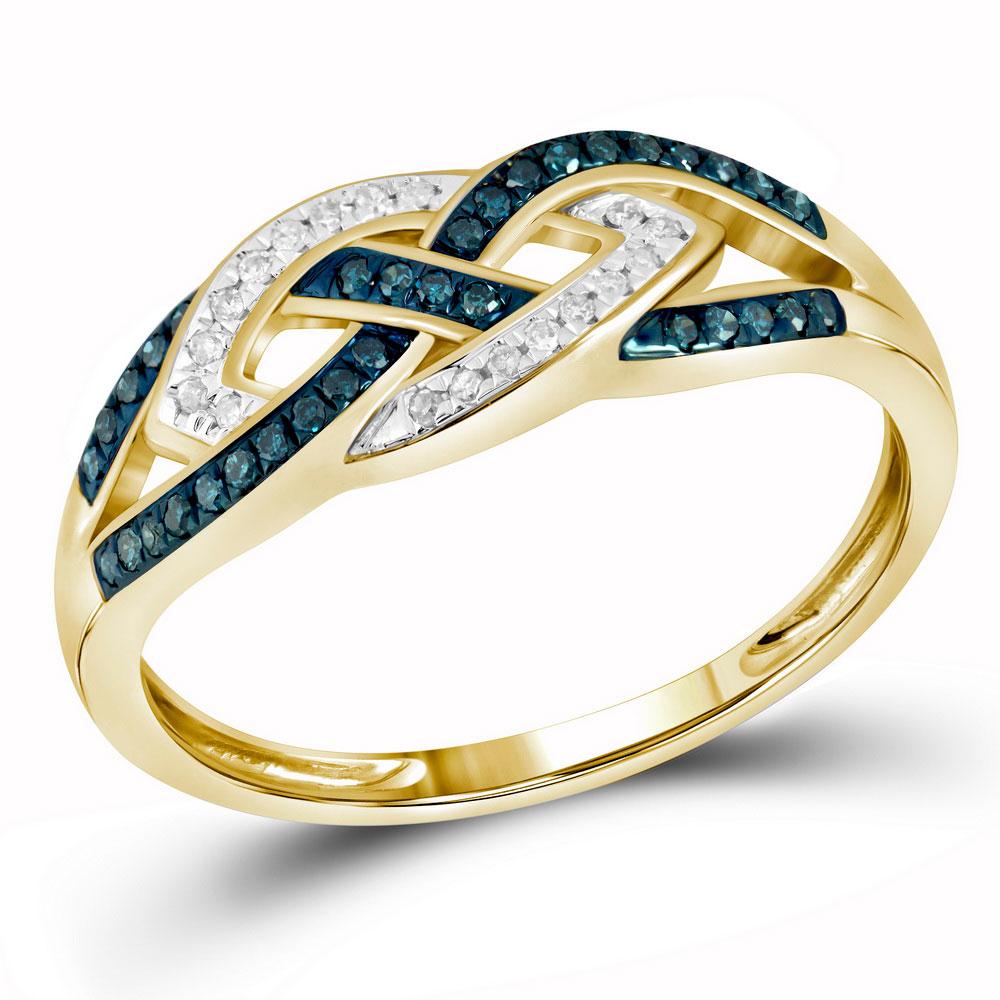 GND Diamond Fashion Ring 10kt Yellow Gold Womens Round Blue Color Enhanced Diamond Crossover Braid Ring 1/6 Cttw