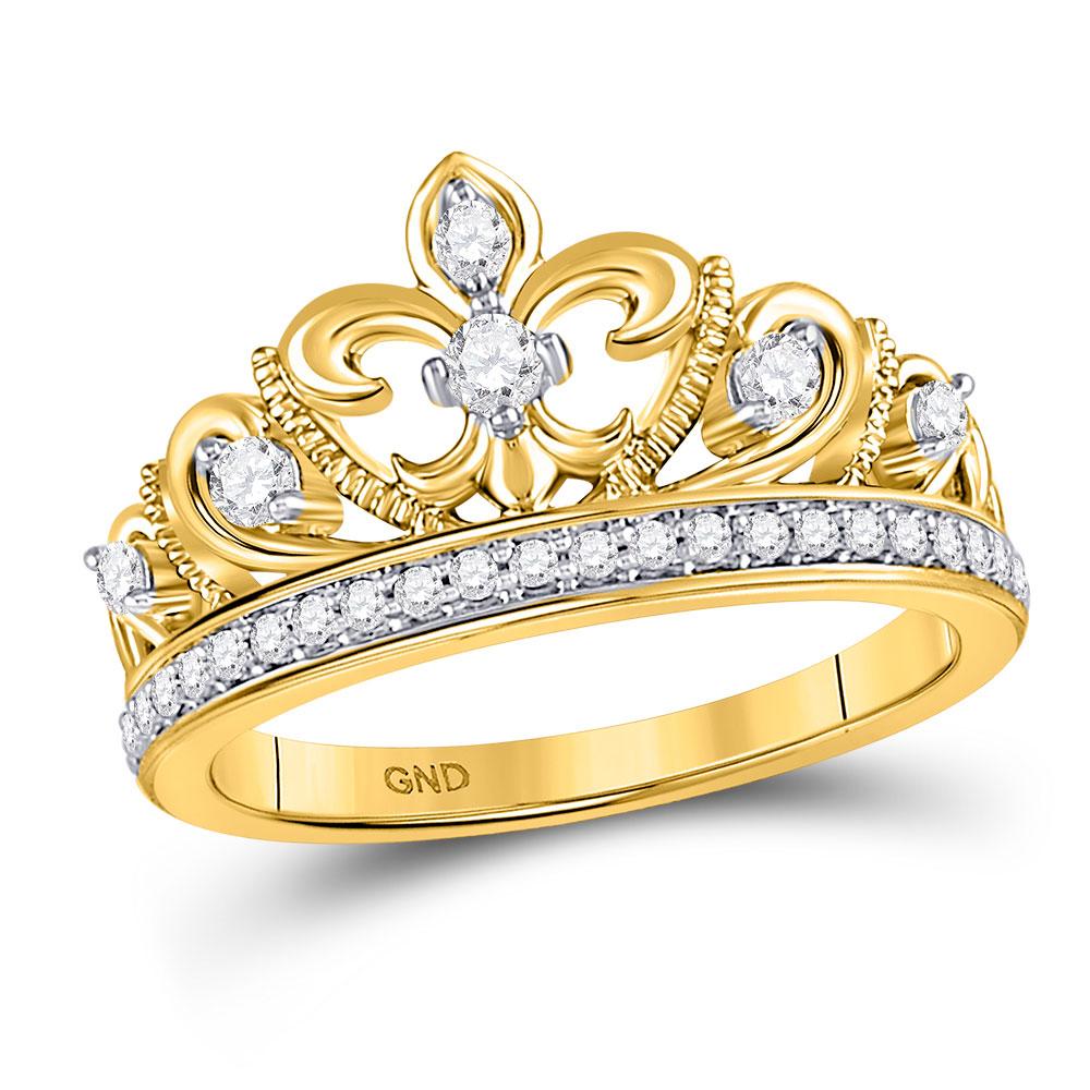 GND Diamond Fashion Ring 10kt Yellow Gold Womens Round Diamond Fleur-de-lis Crown Ring 1/3 Cttw
