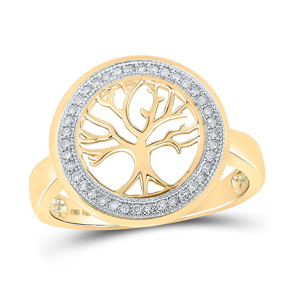 GND Diamond Fashion Ring 10kt Yellow Gold Womens Round Diamond Tree of Life Circle Ring 1/10 Cttw