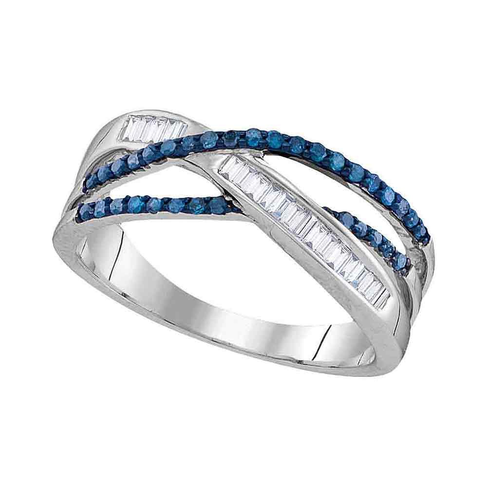 GND Diamond Fashion Ring Sterling Silver Womens Round Blue Color Enhanced Diamond Crossover Fashion Ring 1/3 Cttw