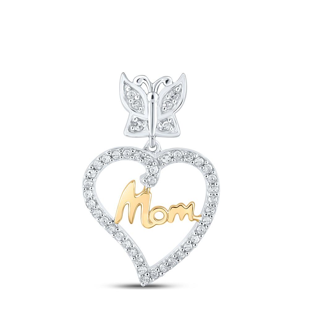 GND Diamond For Mom Pendant 10kt Two-tone Gold Womens Round Diamond Mom Heart Pendant 1/8 Cttw