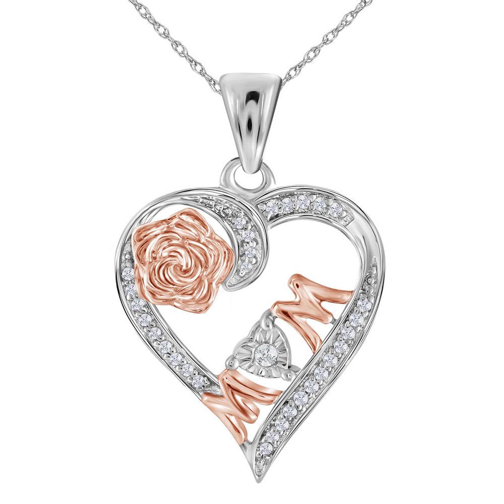 GND Diamond For Mom Pendant Sterling Silver Womens Round Diamond Rose-tone Mom Mother Heart Pendant 1/8 Cttw