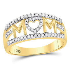 GND Diamond For Mom Ring 10kt Yellow Gold Womens Round Diamond Mom Mother Heart Band Ring 1/4 Cttw