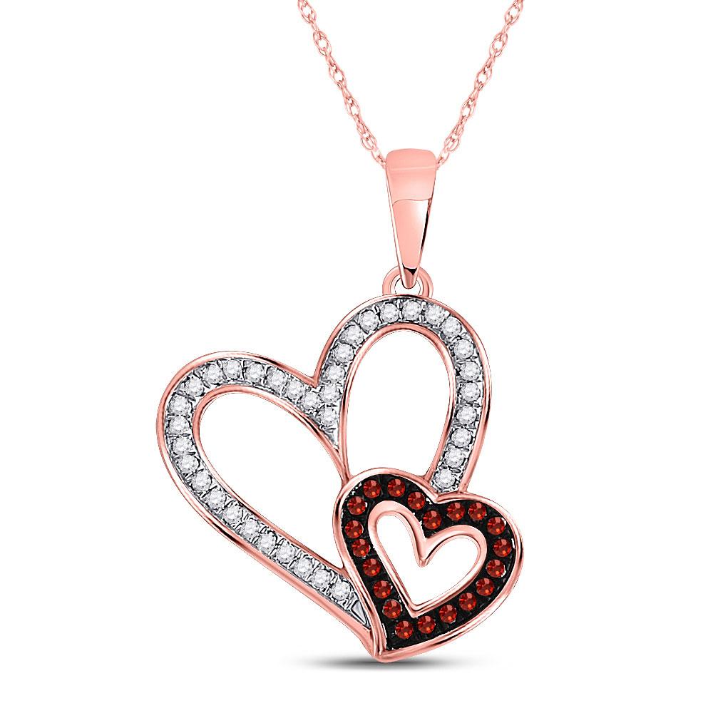 GND Diamond Heart & Love Symbol Pendant 10kt Rose Gold Womens Round Red Color Enhanced Diamond Double Heart Pendant 1/6 Cttw