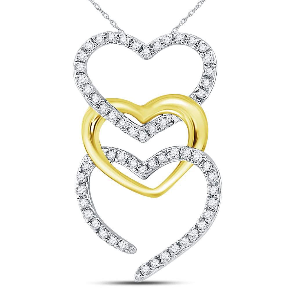 GND Diamond Heart & Love Symbol Pendant 10kt Two-tone Gold Womens Round Diamond Triple Cascading Heart Pendant 1/6 Cttw