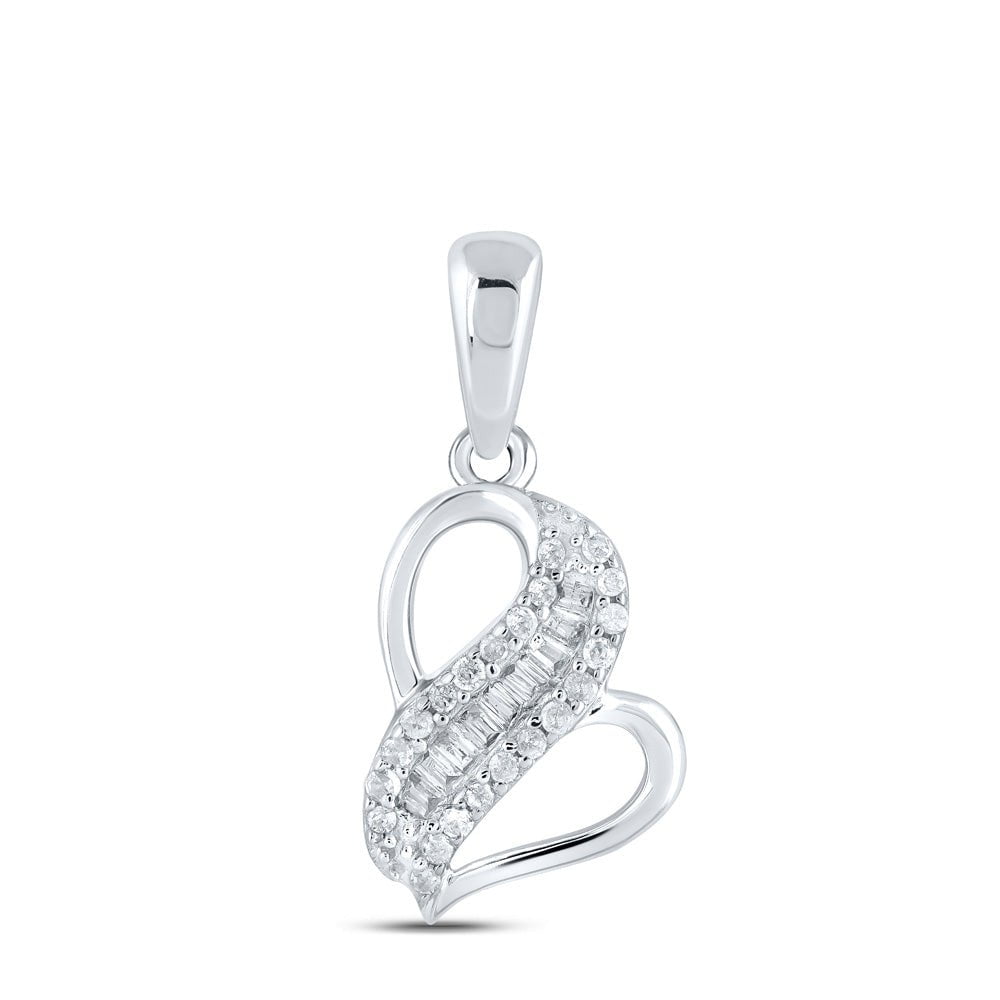 GND Diamond Heart & Love Symbol Pendant 10kt White Gold Womens Baguette Diamond Heart Pendant 1/10 Cttw