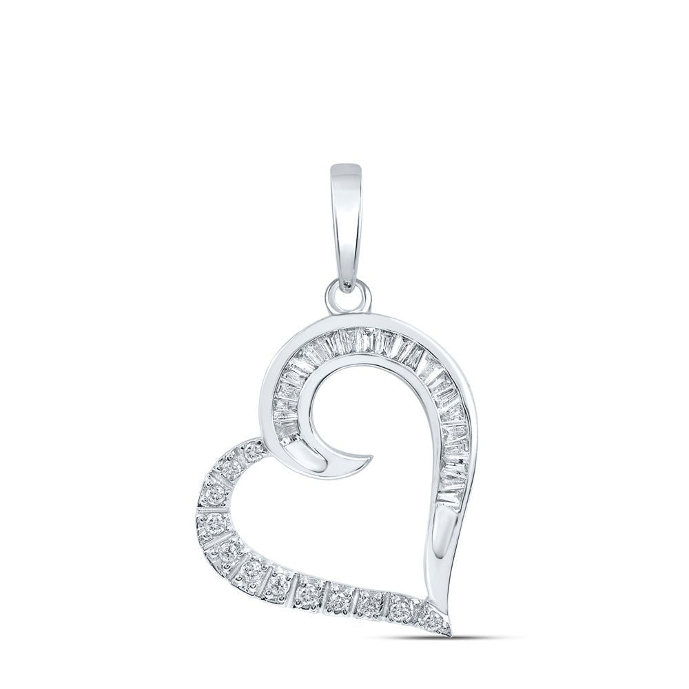 GND Diamond Heart & Love Symbol Pendant 10kt White Gold Womens Baguette Diamond Heart Pendant 1/6 Cttw