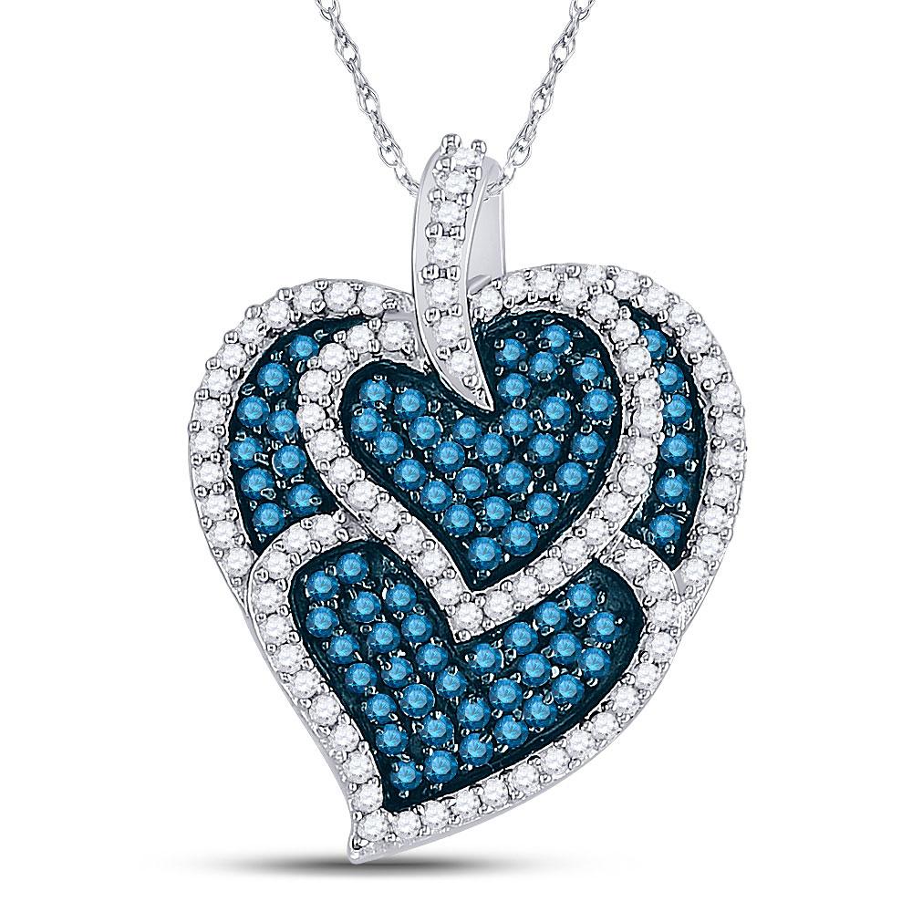 GND Diamond Heart & Love Symbol Pendant 10kt White Gold Womens Round Blue Color Enhanced Diamond Tripled Heart Outline Pendant 1 Cttw