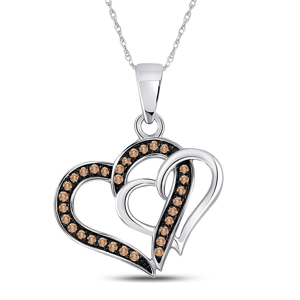 GND Diamond Heart & Love Symbol Pendant 10kt White Gold Womens Round Brown Diamond Double Linked Heart Pendant 1/4 Cttw