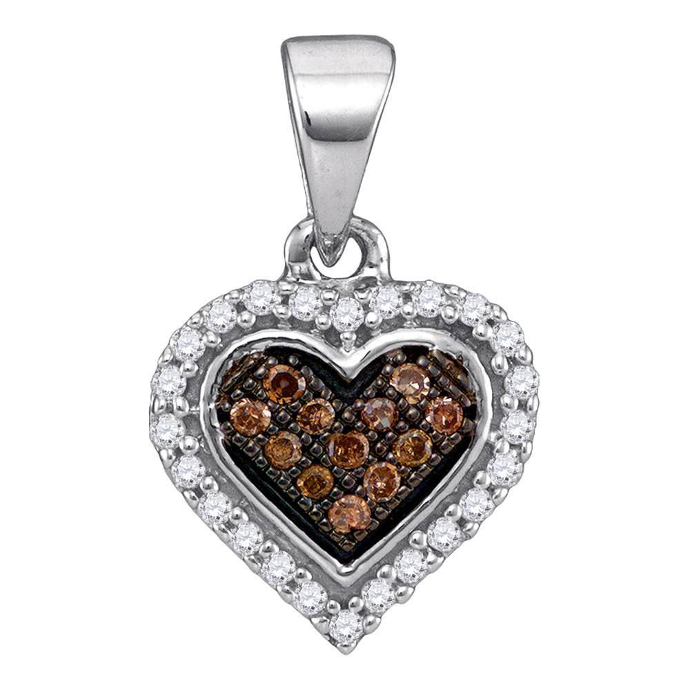 GND Diamond Heart & Love Symbol Pendant 10kt White Gold Womens Round Brown Diamond Heart Cluster Pendant 1/8 Cttw