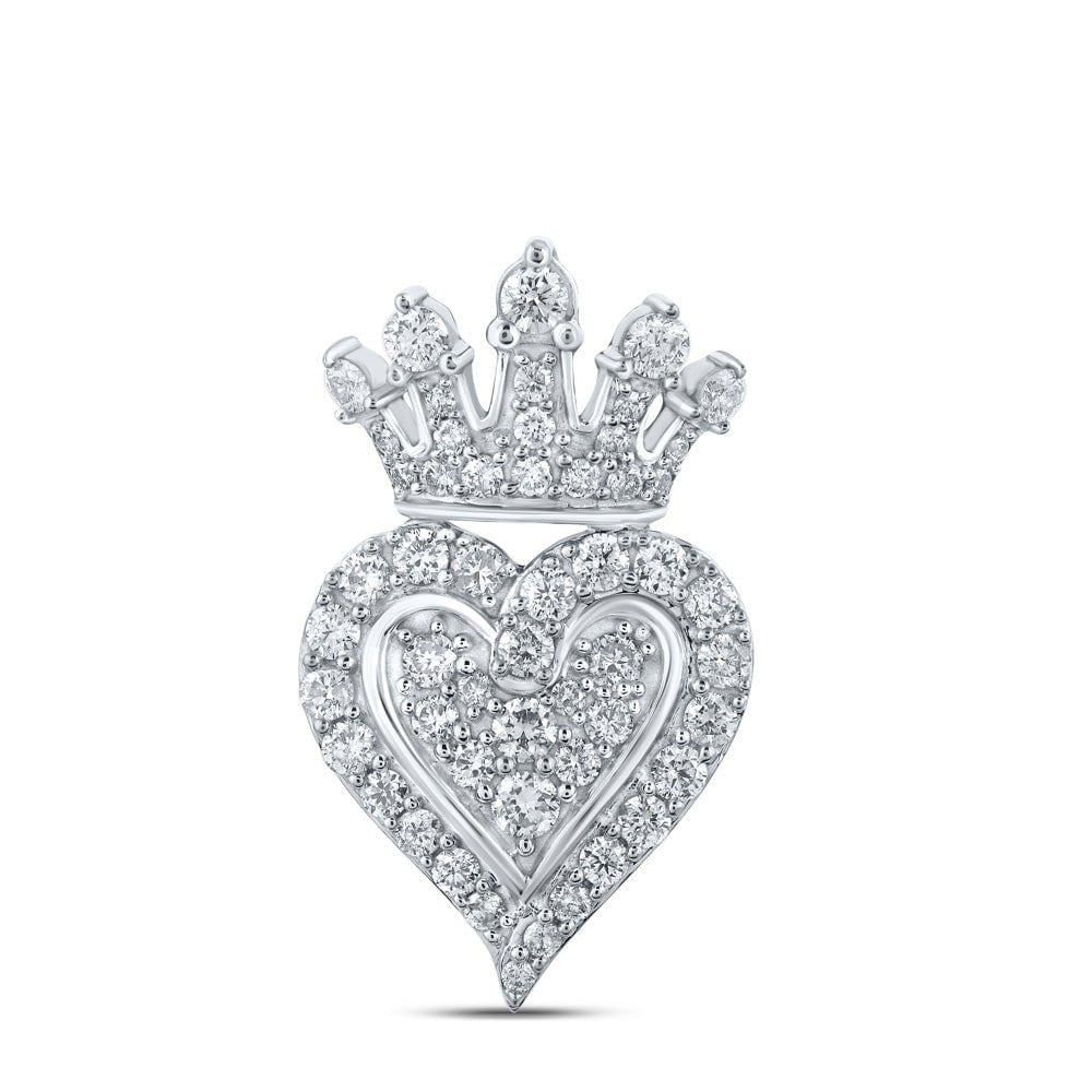 GND Diamond Heart & Love Symbol Pendant 10kt White Gold Womens Round Diamond Crown Heart Pendant 3/4 Cttw