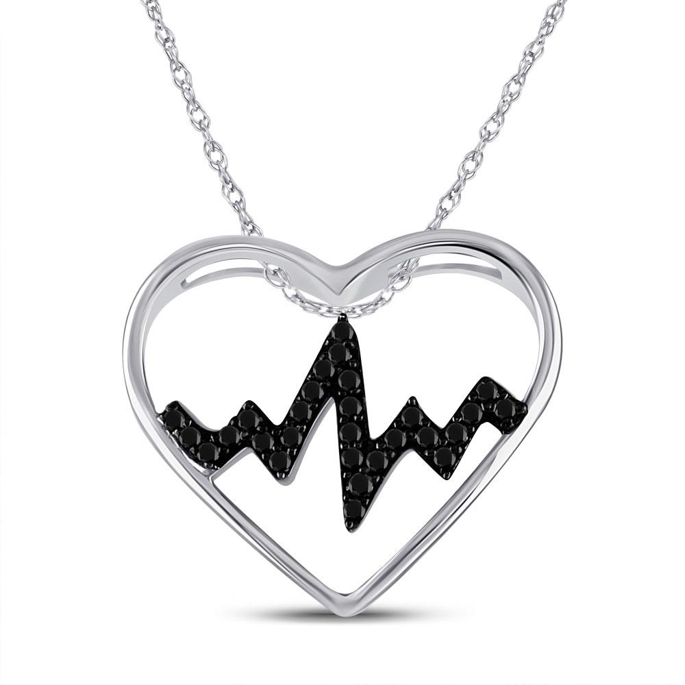 GND Diamond Heart & Love Symbol Pendant Sterling Silver Womens Round Black Color Enhanced Diamond Heartbeat Heart Pendant 1/10 Cttw