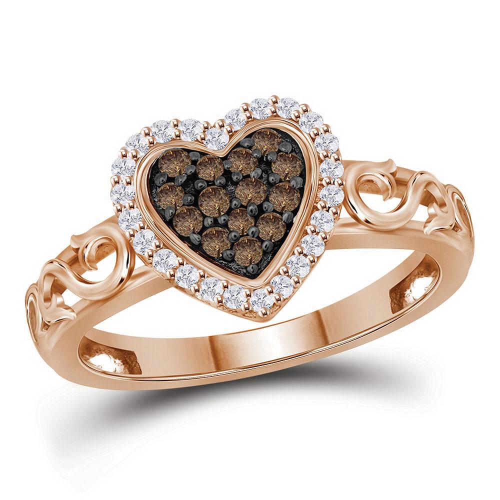 GND Diamond Heart Ring 10kt Rose Gold Womens Round Brown Diamond Heart Ring 1/4 Cttw