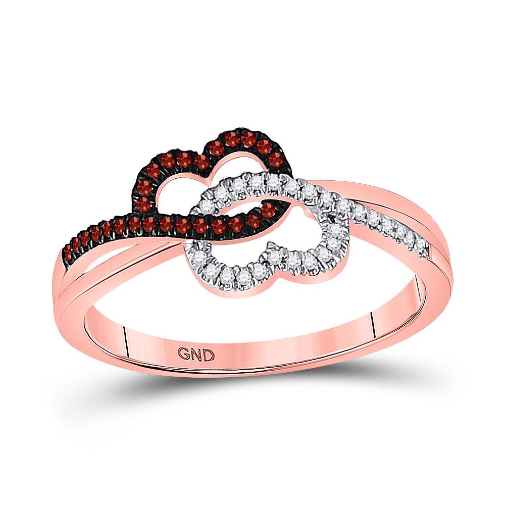 GND Diamond Heart Ring 10kt Rose Gold Womens Round Red Color Enhanced Diamond Double Linked Heart Ring 1/6 Cttw