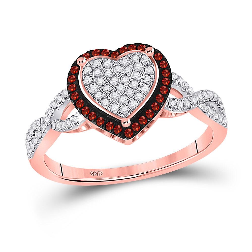 GND Diamond Heart Ring 10kt Rose Gold Womens Round Red Color Enhanced Diamond Heart Ring 1/3 Cttw