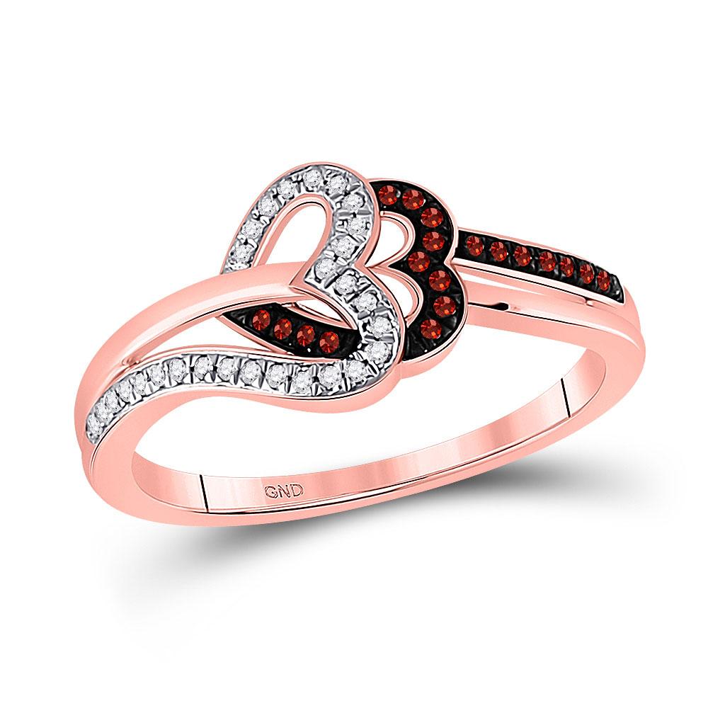GND Diamond Heart Ring 10kt Rose Gold Womens Round Red Color Enhanced Diamond Heart Ring 1/6 Cttw
