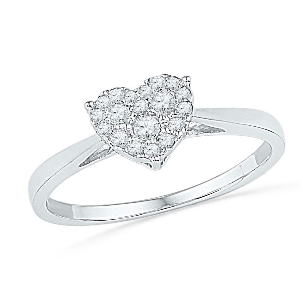 GND Diamond Heart Ring 10kt White Gold Womens Round Diamond Simple Heart Cluster Ring 1/6 Cttw