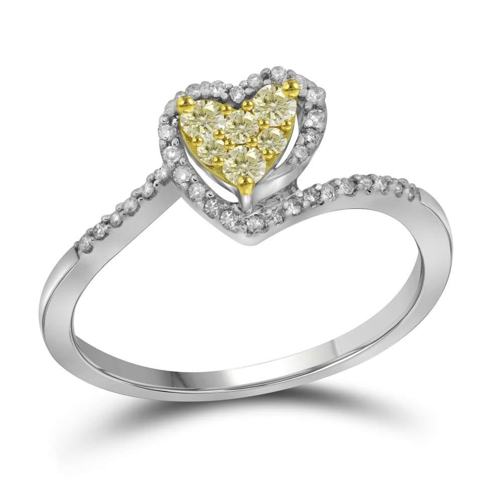 GND Diamond Heart Ring 10kt White Gold Womens Round Yellow Color Enhanced Diamond Heart Ring 1/4 Cttw