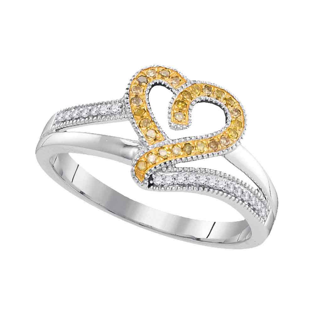 GND Diamond Heart Ring 10kt White Gold Womens Round Yellow Color Enhanced Diamond Heart Ring 1/8 Cttw