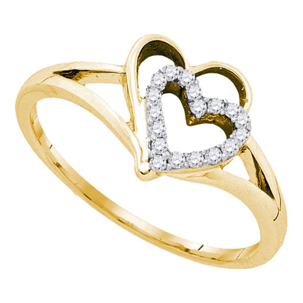 GND Diamond Heart Ring 10kt Yellow Gold Womens Round Diamond Double Nested Heart Ring 1/8 Cttw