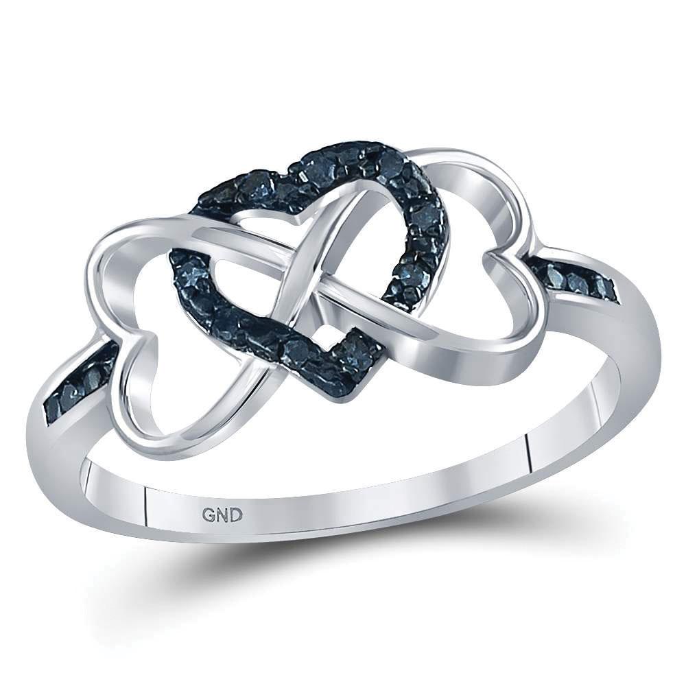 GND Diamond Heart Ring Sterling Silver Womens Round Color Enhanced Blue Diamond Triple Heart Infinity Ring 1/10 Cttw