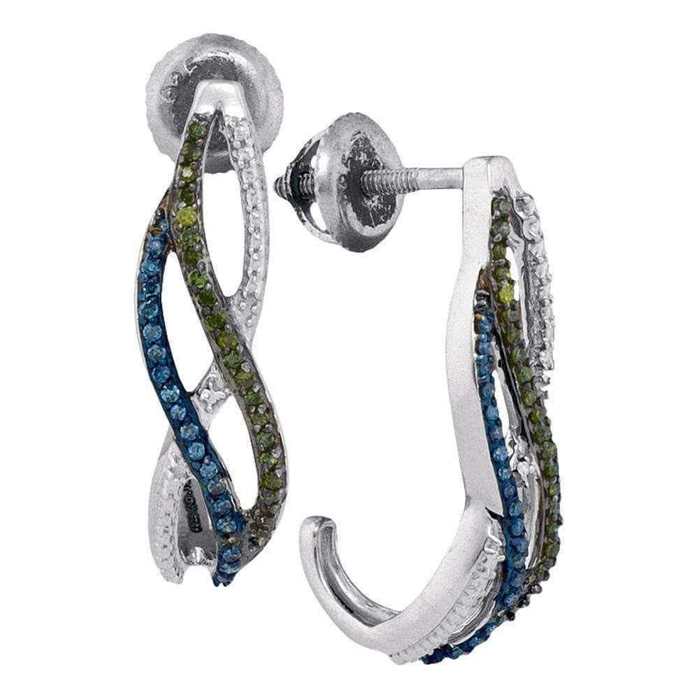 GND Diamond Hoop Earring 10kt White Gold Womens Round Green Blue Color Enhanced Diamond Half J Hoop Earrings 1/4 Cttw