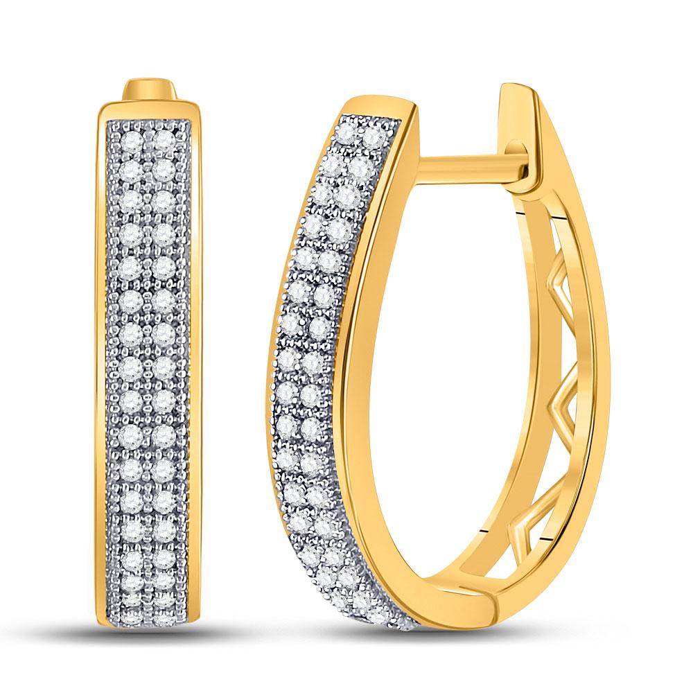 GND Diamond Hoop Earring 10kt Yellow Gold Womens Round Diamond Double Row Hoop Earrings 1/5 Cttw