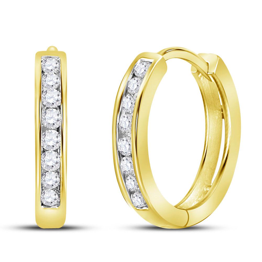 GND Diamond Hoop Earring 14kt Yellow Gold Womens Round Diamond Channel Set Hoop Earrings 1/4 Cttw