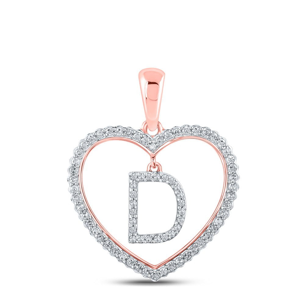 GND Diamond Initial & Letter Pendant 10kt Rose Gold Womens Round Diamond Heart D Letter Pendant 1/4 Cttw