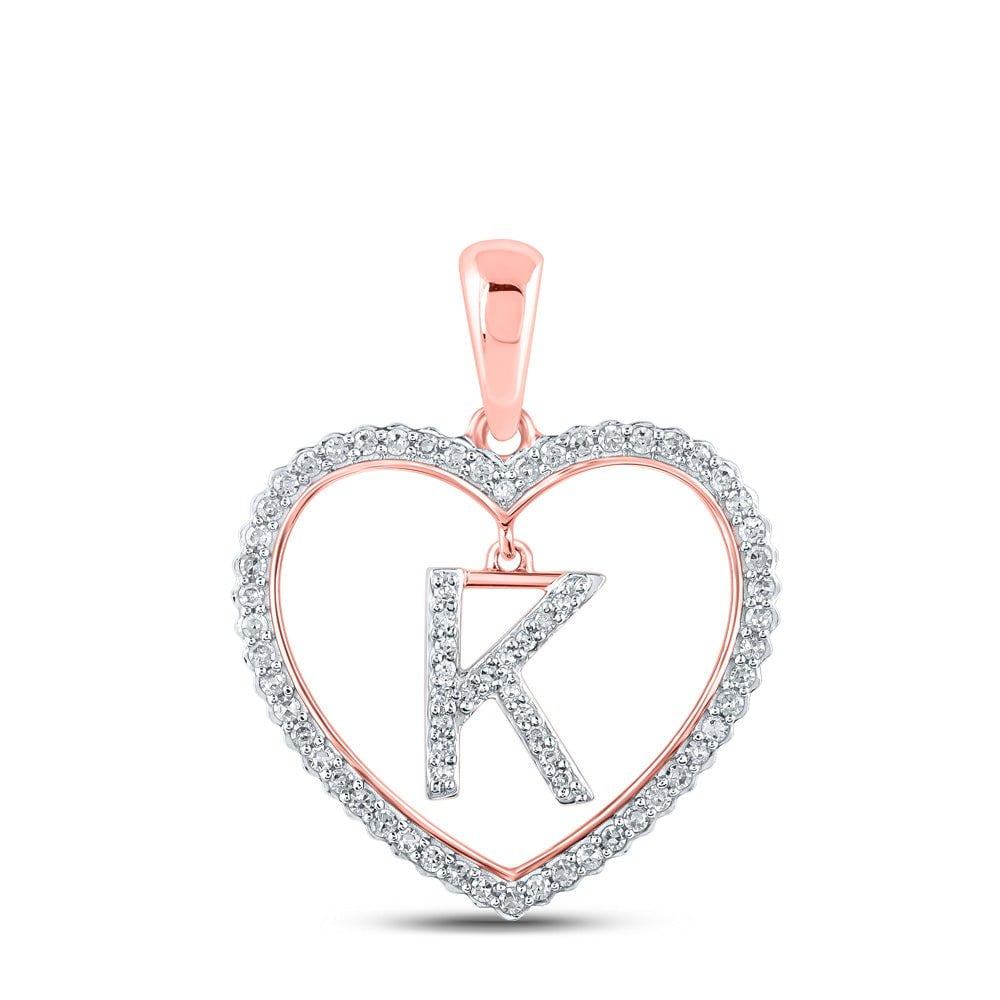 GND Diamond Initial & Letter Pendant 10kt Rose Gold Womens Round Diamond Heart K Letter Pendant 1/4 Cttw
