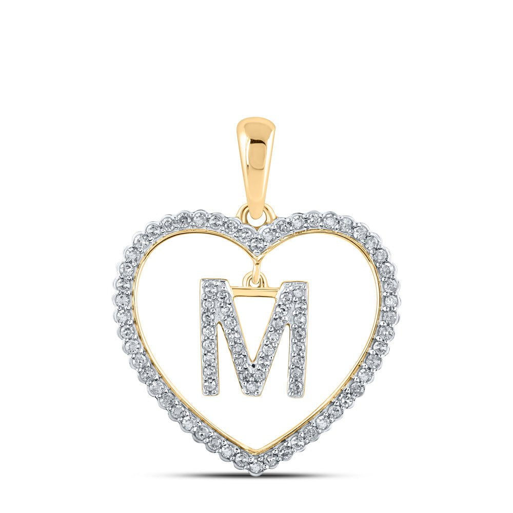 GND Diamond Initial & Letter Pendant 10kt Yellow Gold Womens Round Diamond Heart M Letter Pendant 1/4 Cttw