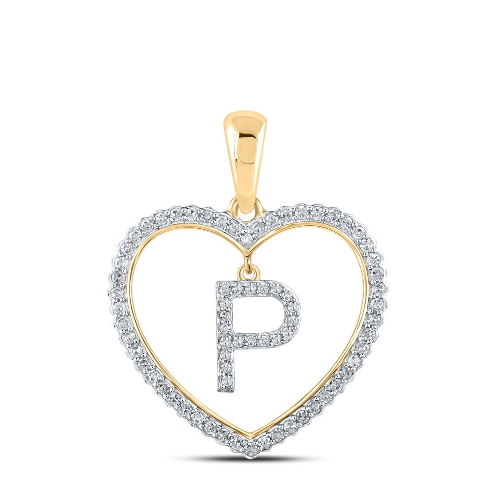 GND Diamond Initial & Letter Pendant 10kt Yellow Gold Womens Round Diamond Heart P Letter Pendant 1/4 Cttw