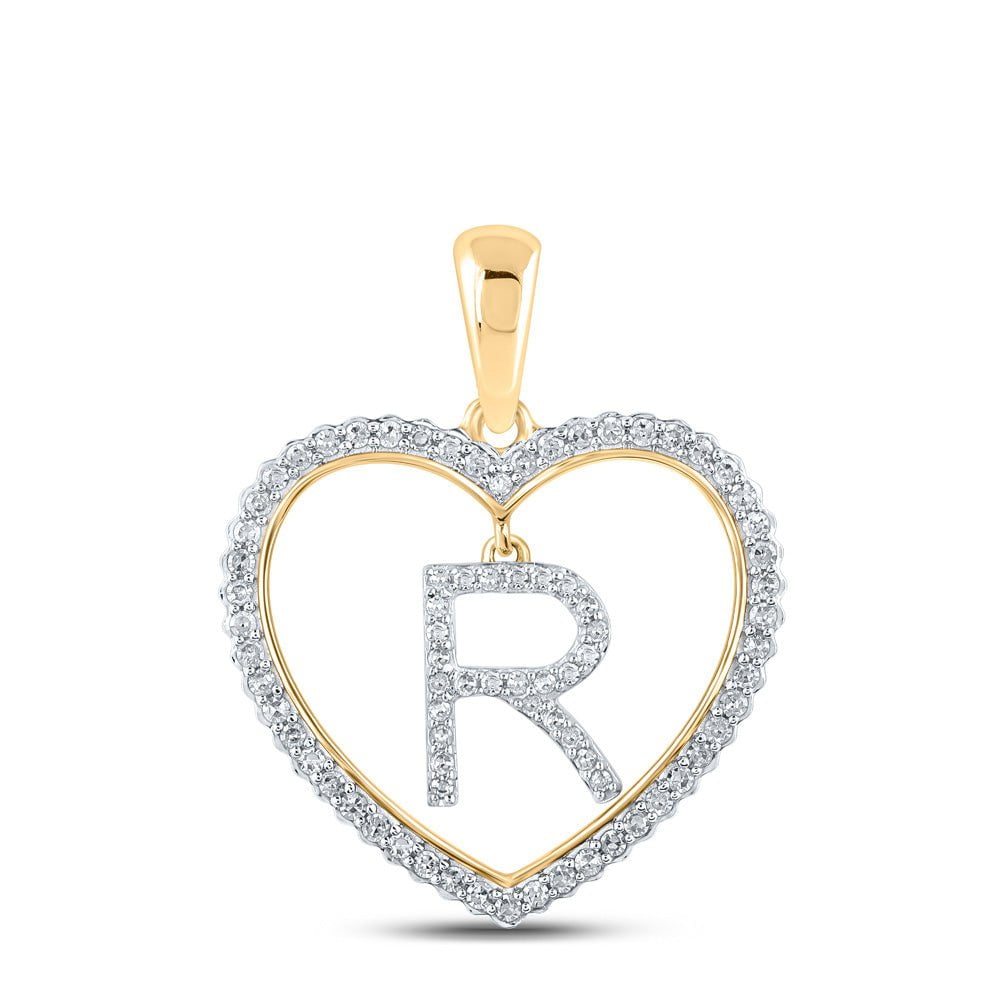 GND Diamond Initial & Letter Pendant 10kt Yellow Gold Womens Round Diamond Heart R Letter Pendant 1/4 Cttw