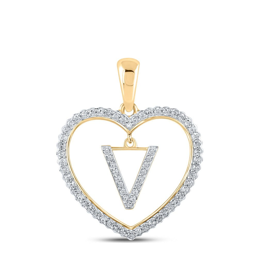 GND Diamond Initial & Letter Pendant 10kt Yellow Gold Womens Round Diamond Heart V Letter Pendant 1/4 Cttw