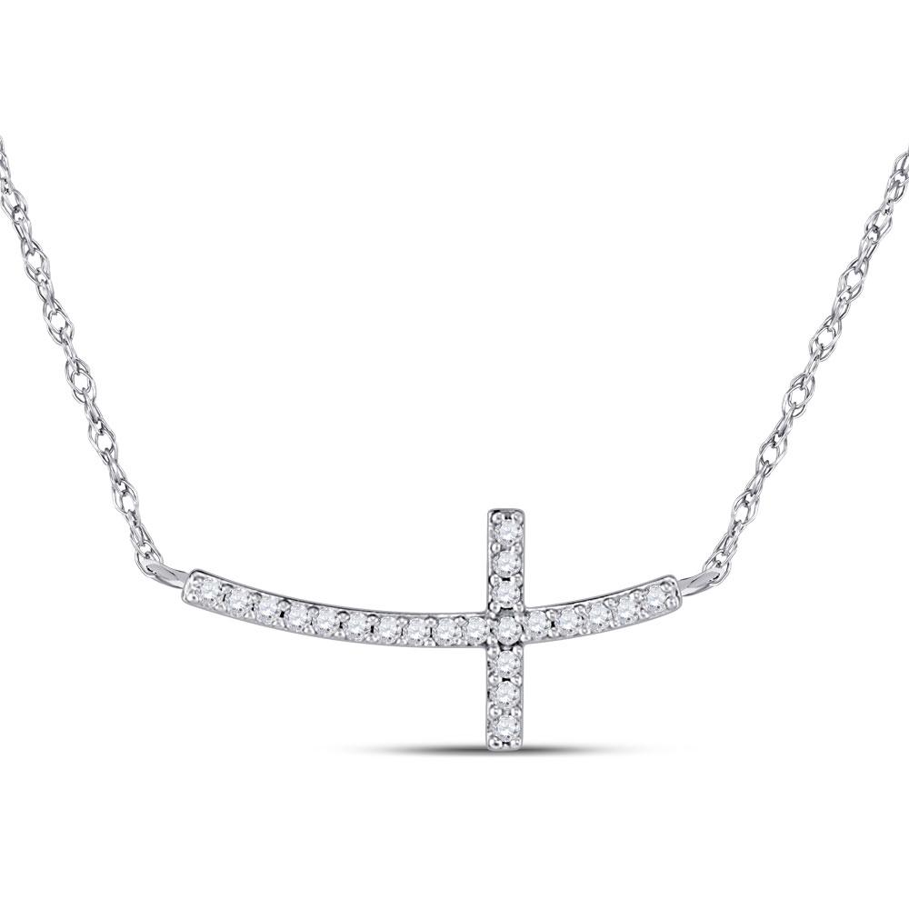 GND Diamond Pendant Necklace 10kt White Gold Womens Round Diamond Horizontal Cross Necklace 1/20 Cttw