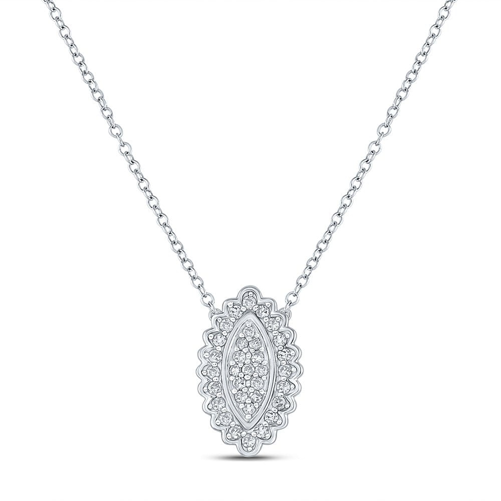 GND Diamond Pendant Necklace 10kt White Gold Womens Round Diamond Vertical Oval Necklace 1/5 Cttw