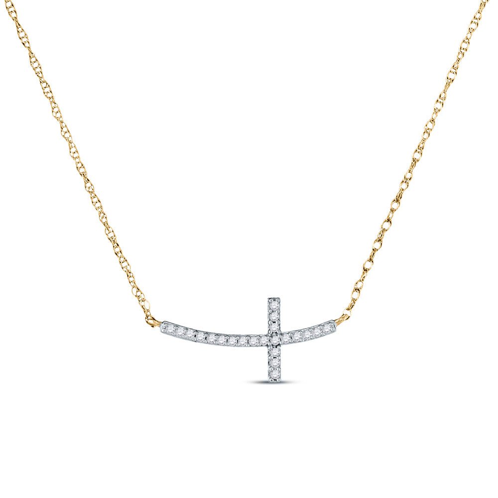 GND Diamond Pendant Necklace 10kt Yellow Gold Womens Round Diamond Horizontal Cross Necklace 1/20 Cttw