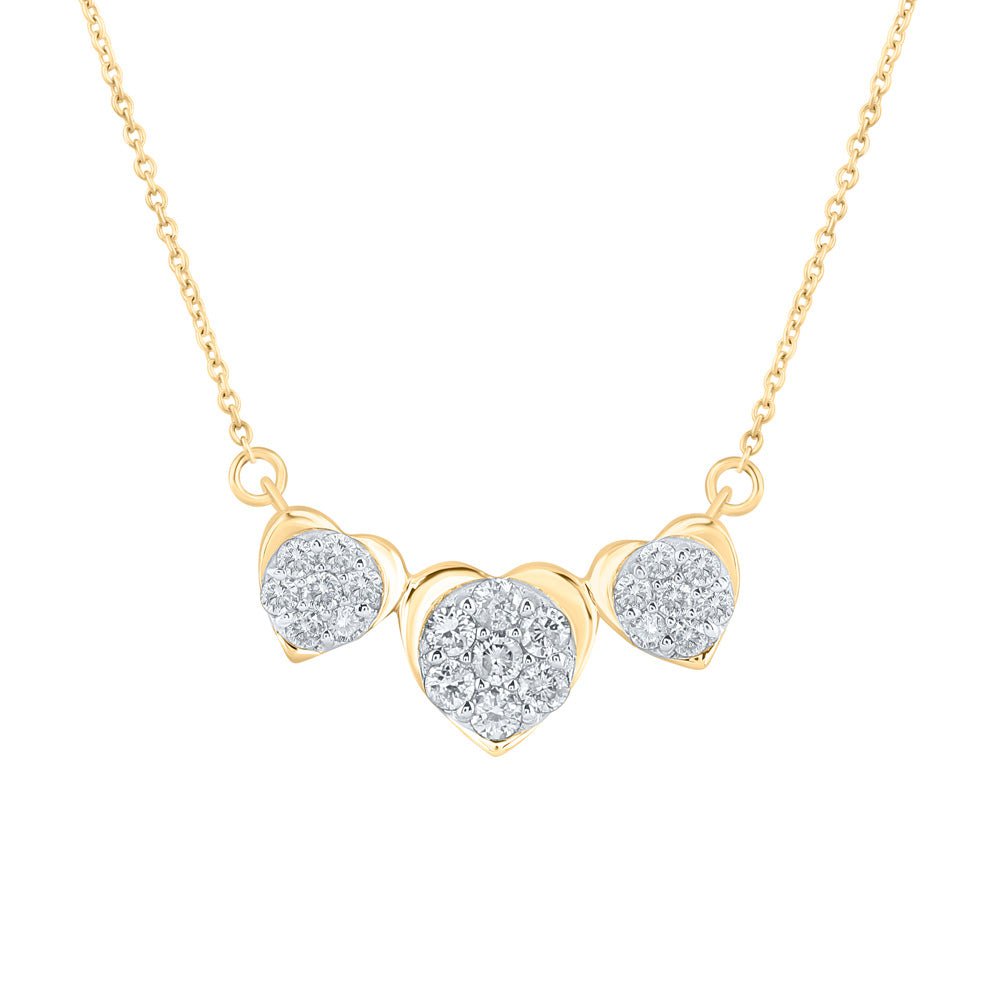 GND Diamond Pendant Necklace 10kt Yellow Gold Womens Round Diamond Triple Heart Necklace 1/4 Cttw