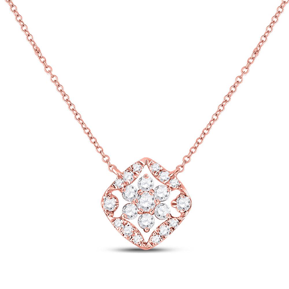 GND Diamond Pendant Necklace 14kt Rose Gold Womens Round Diamond Floral Cluster Necklace 1/3 Cttw