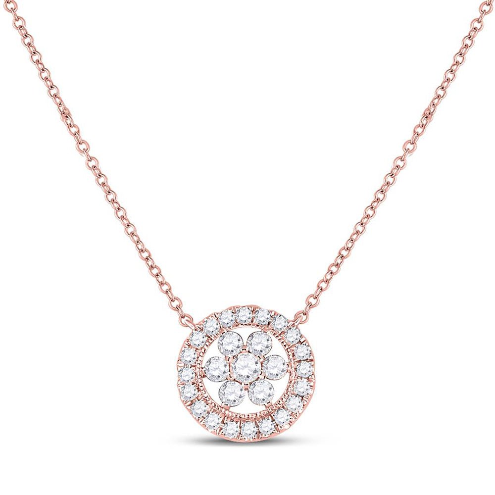 GND Diamond Pendant Necklace 14kt Rose Gold Womens Round Diamond Floral Cluster Necklace 1/3 Cttw