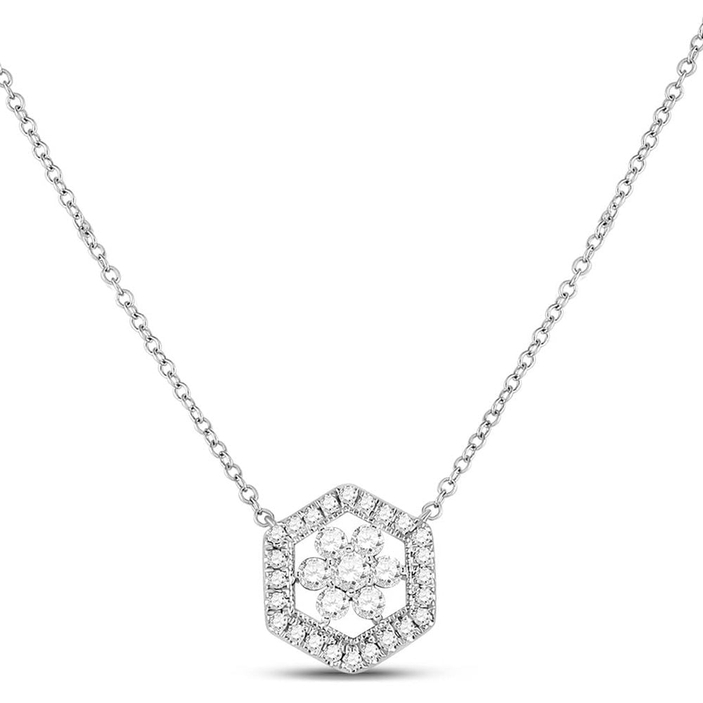 GND Diamond Pendant Necklace 14kt White Gold Womens Round Diamond Geometric Cluster Necklace 1/3 Cttw