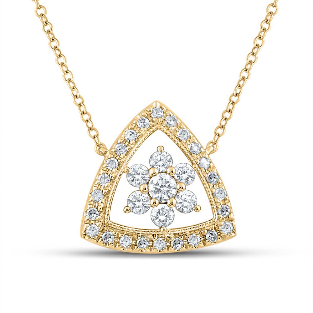 GND Diamond Pendant Necklace 14kt Yellow Gold Womens Round Diamond Cluster Triangle Necklace 1/3 Cttw