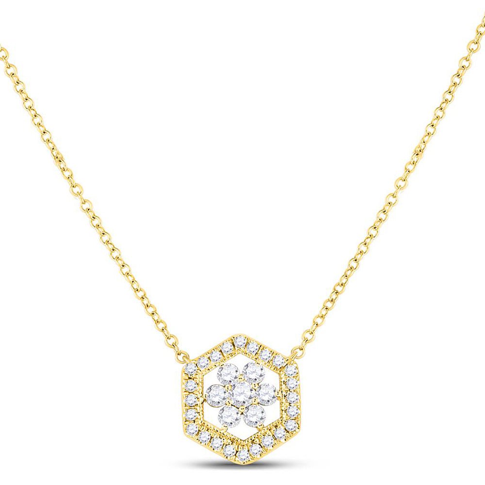 GND Diamond Pendant Necklace 14kt Yellow Gold Womens Round Diamond Geometric Cluster Necklace 1/3 Cttw